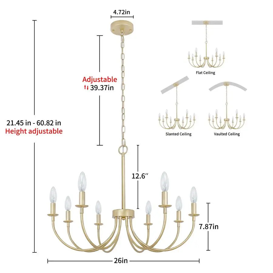 Gold Chandelier with Curved Arms and Adjustable Chain