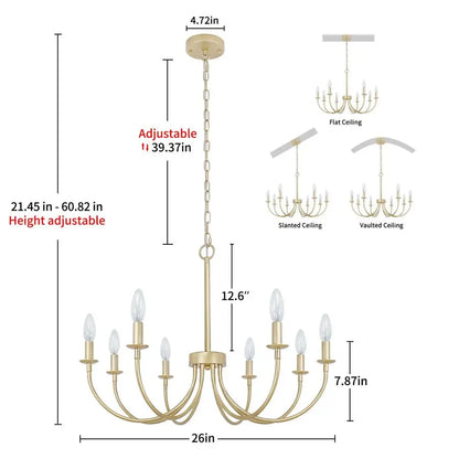 Gold Chandelier with Curved Arms and Adjustable Chain