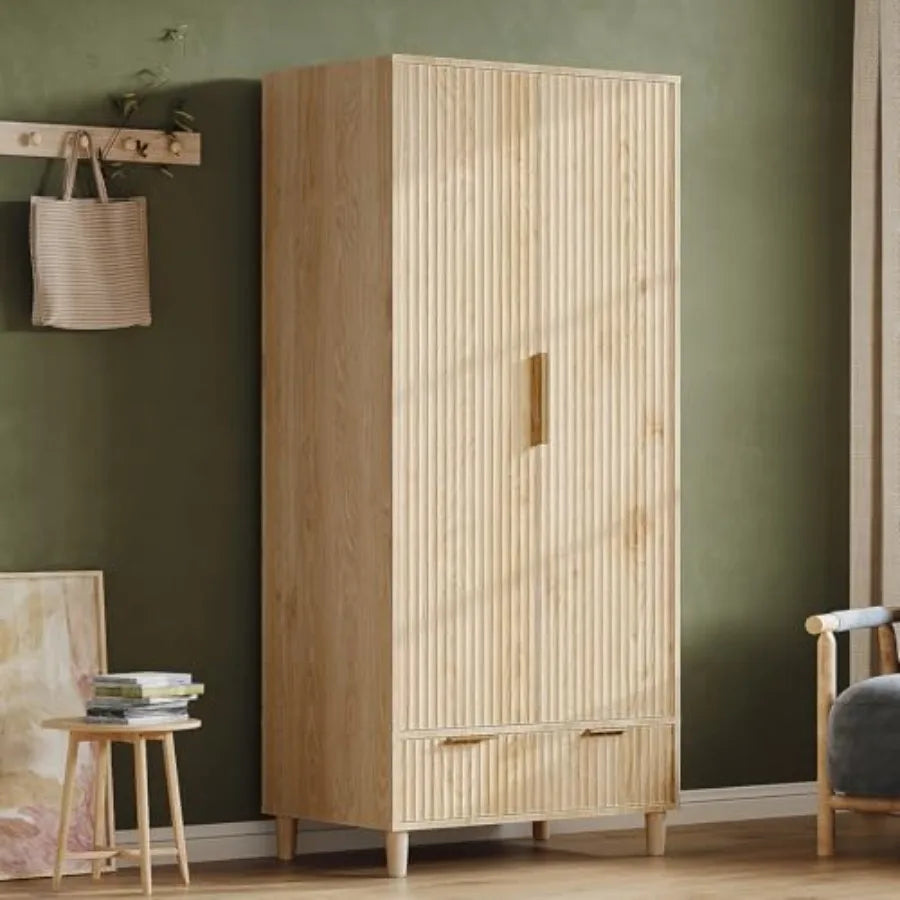 Fluted Wardrobe Armoire with Sculpted Front and Gold Hardware