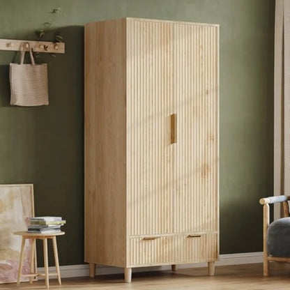 Fluted Wardrobe Armoire with Sculpted Front and Gold Hardware