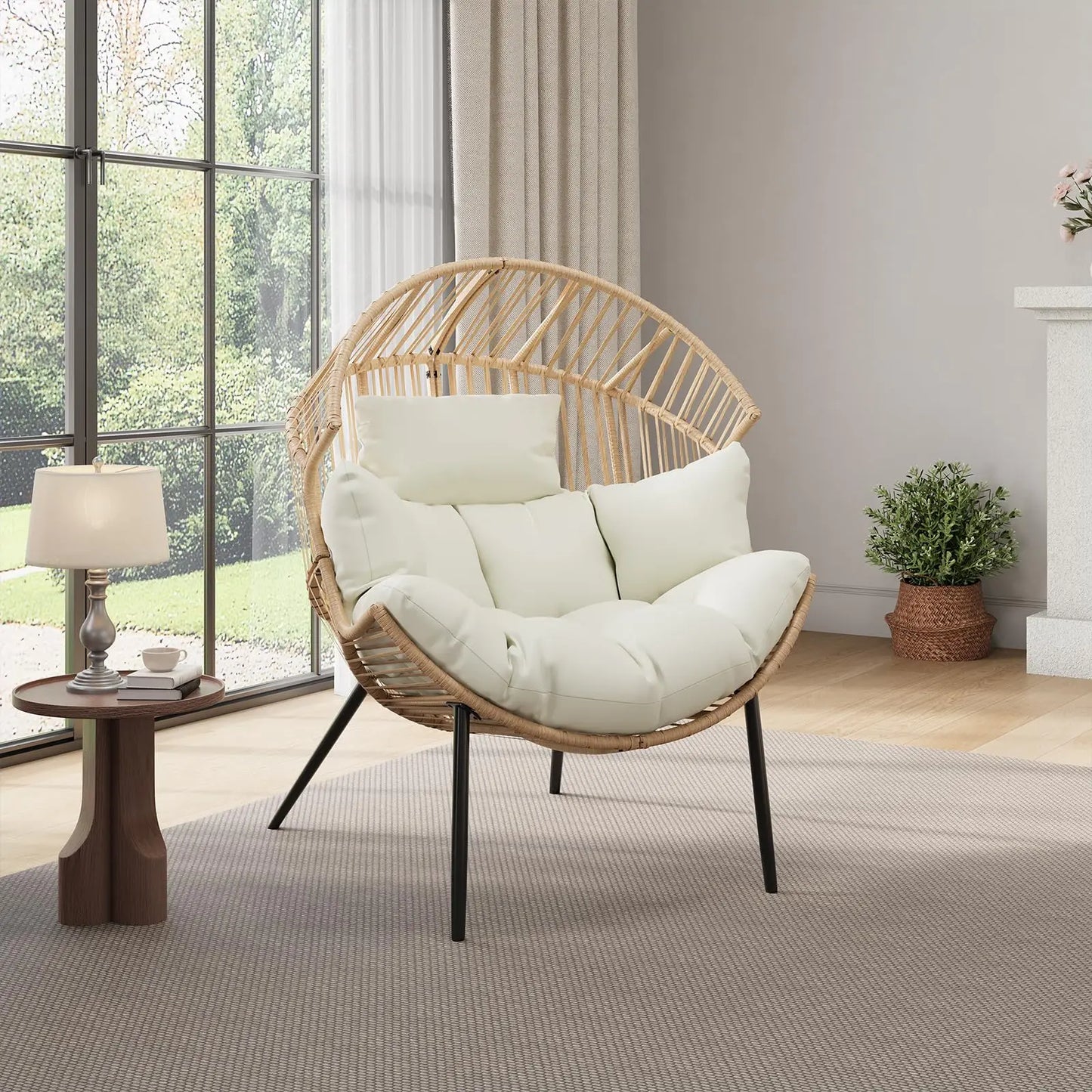 Oversized Wicker Lounge Chair with Plush Cushion