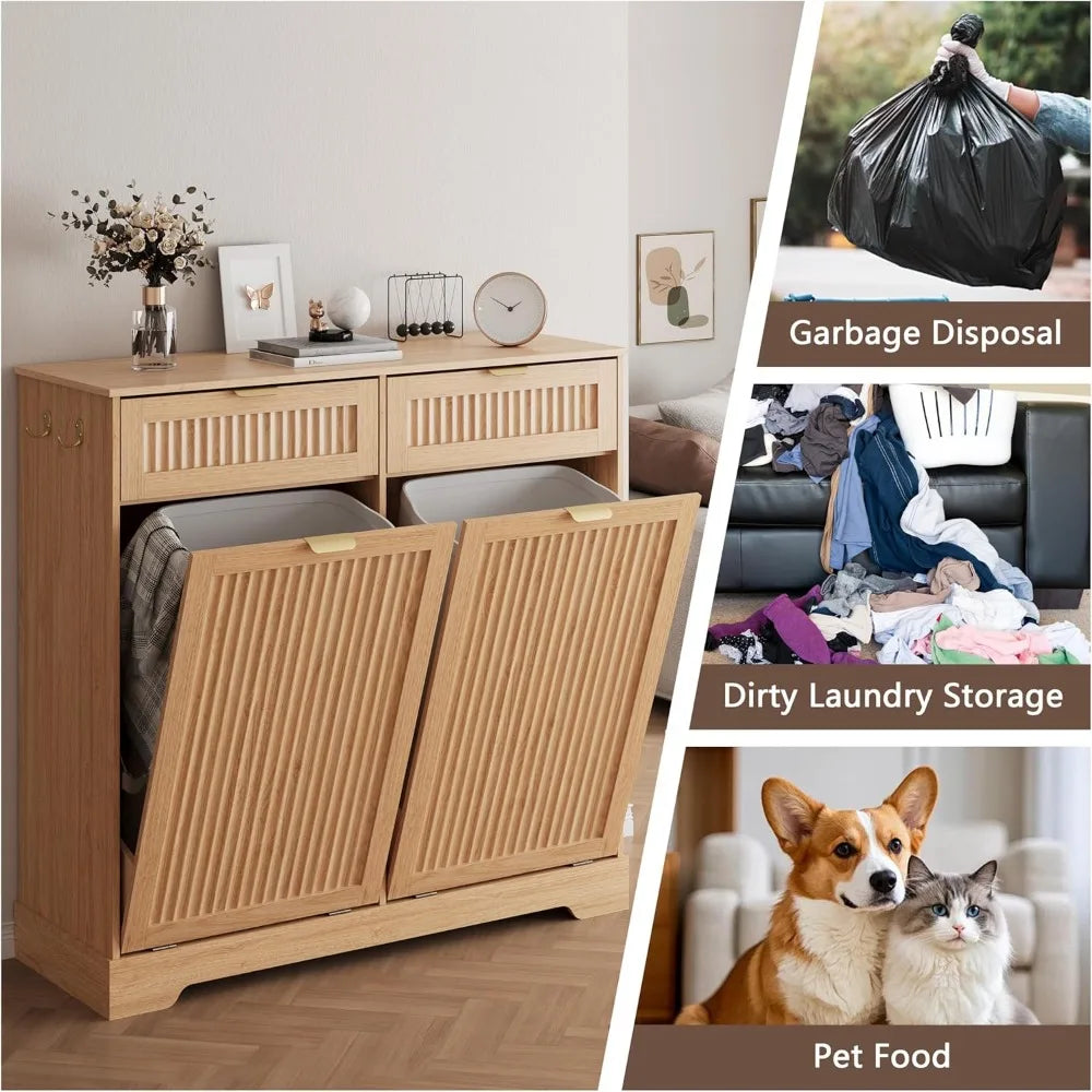 Fluted Tilt-Out Trash Cabinet with Storage Drawers