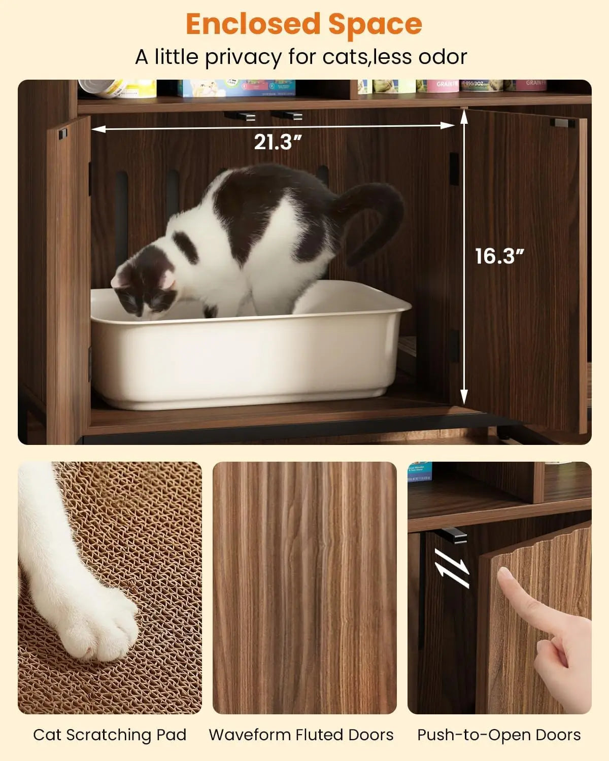 Hidden Cat Litter Box Cabinet with Fluted Doors and Storage