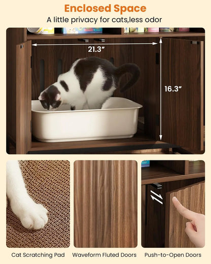 Hidden Cat Litter Box Cabinet with Fluted Doors and Storage