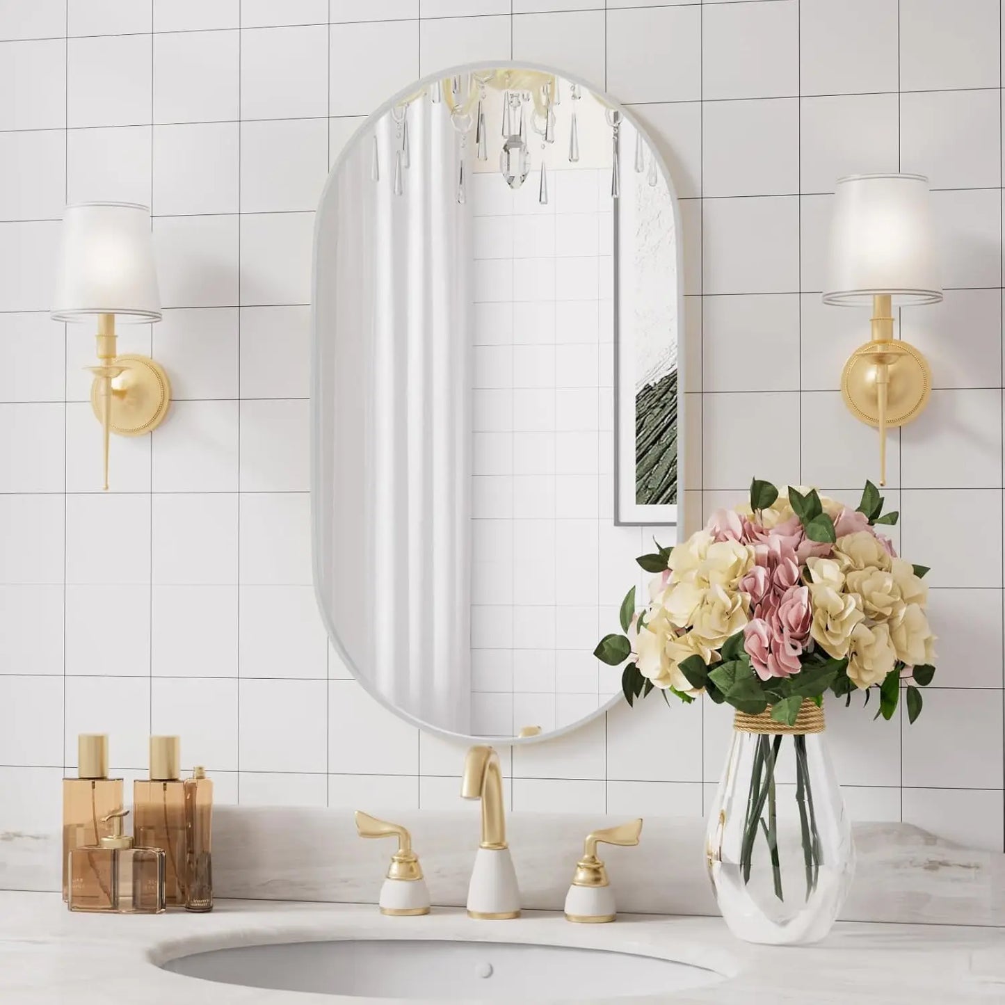 Oval Silver Wall Mirror with Modern Frame