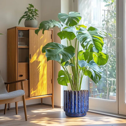 12” Peacock Blue Fluted Ceramic Planter