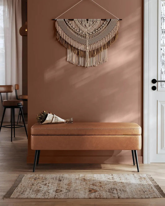 Mid-Century Caramel Brown Storage Ottoman Bench