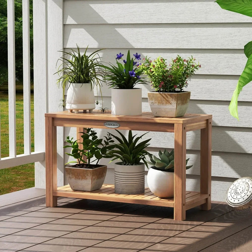 Teak Wood Shower Bench with 2-Tier Storage