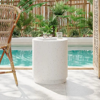 White Terrazzo Concrete Drum Accent Table