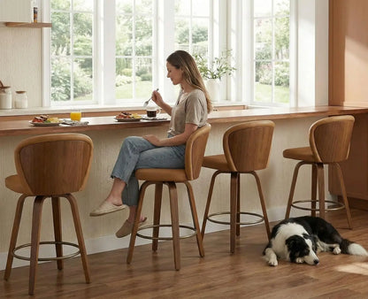Swivel Counter Height Bar Stools with Wood Legs - Set of 4