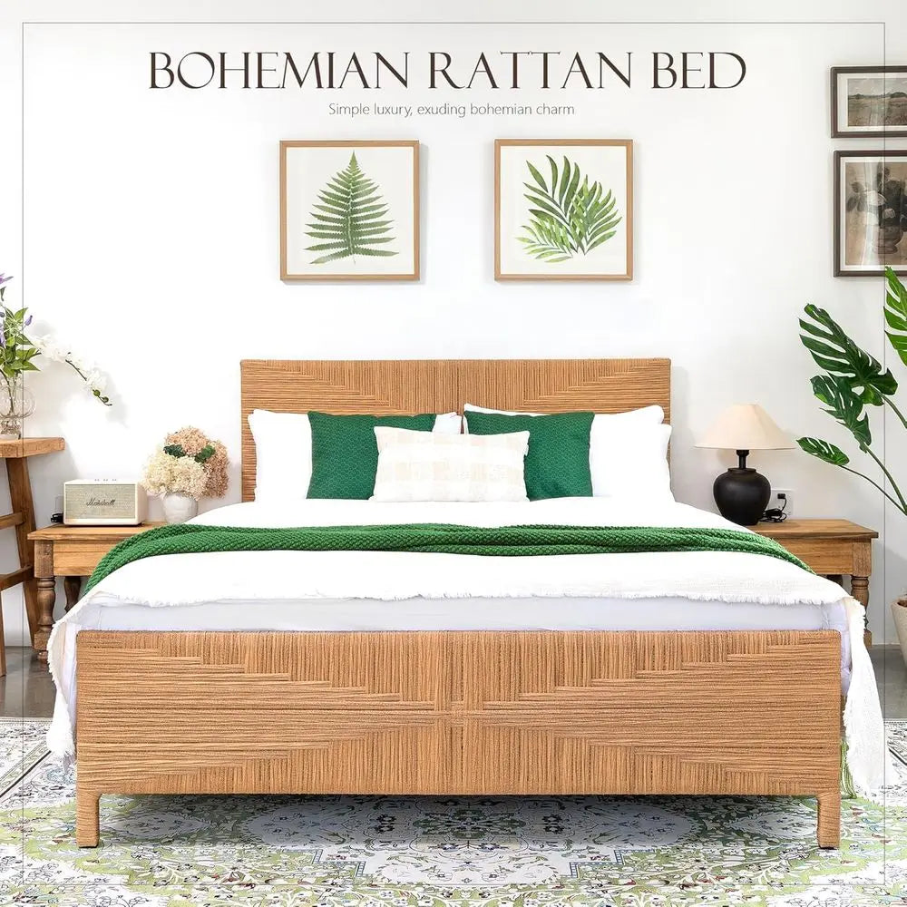 Boho Rattan Queen Bed Frame with Steel Support and Tall Headboard