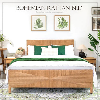 Boho Rattan Queen Bed Frame with Steel Support and Tall Headboard