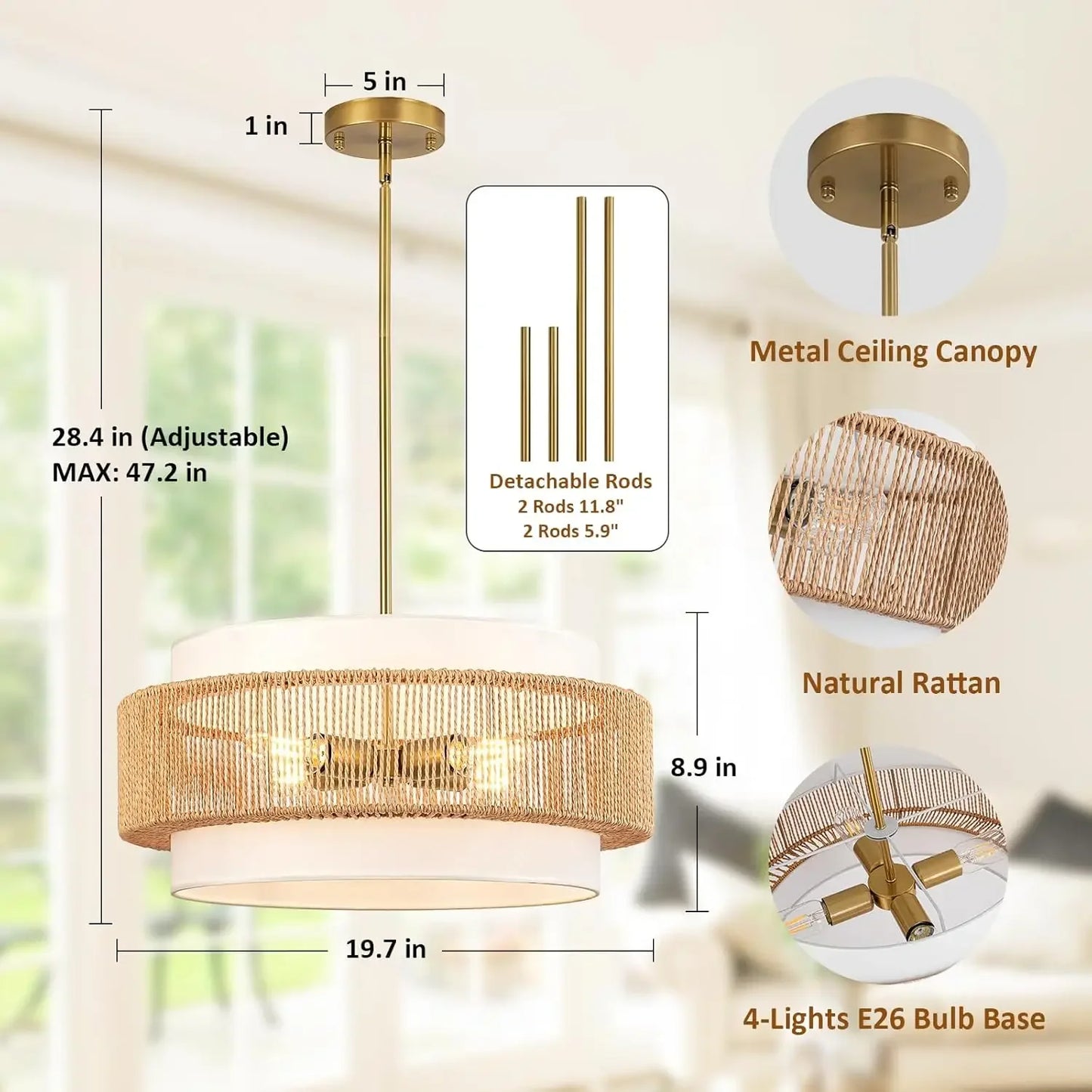 Boho Rattan Chandelier with Adjustable Height and Fabric Shade
