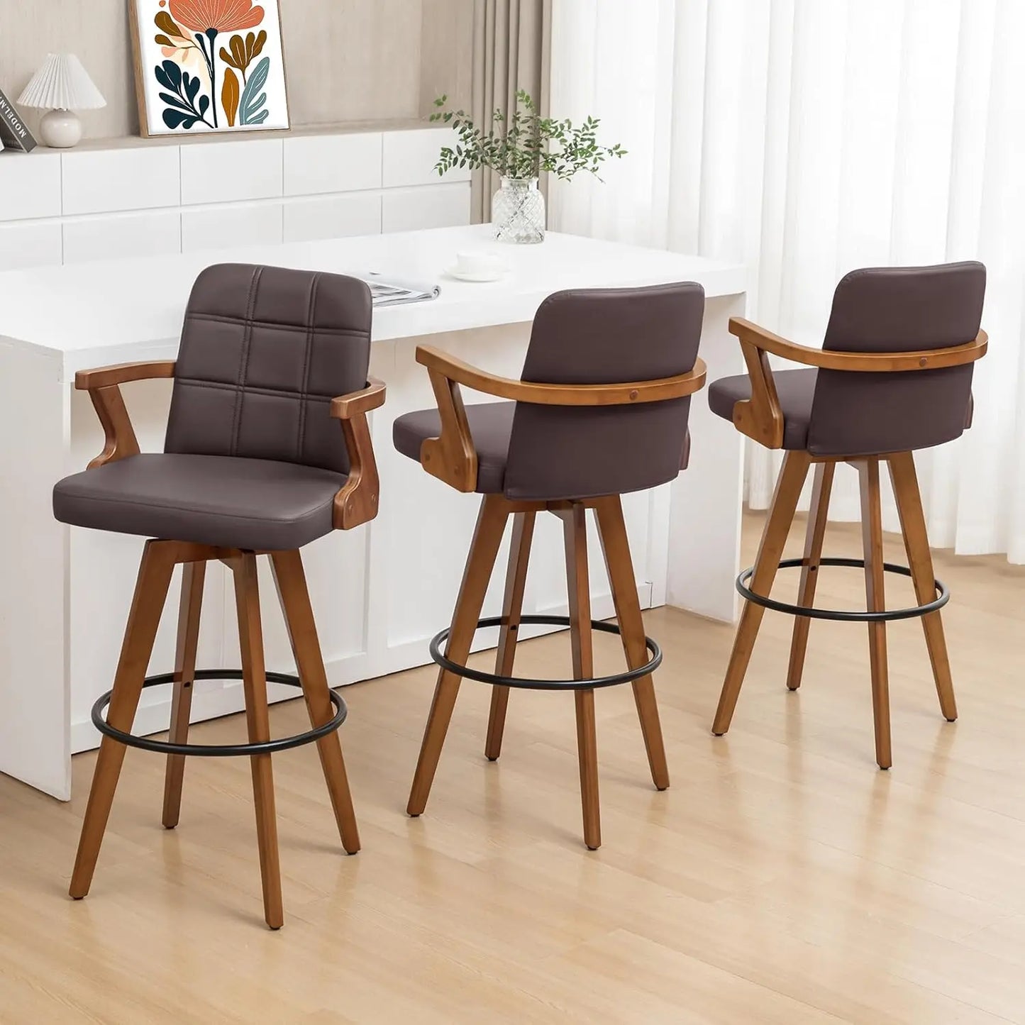 Retro Walnut Swivel Bar Stools With Bentwood Design