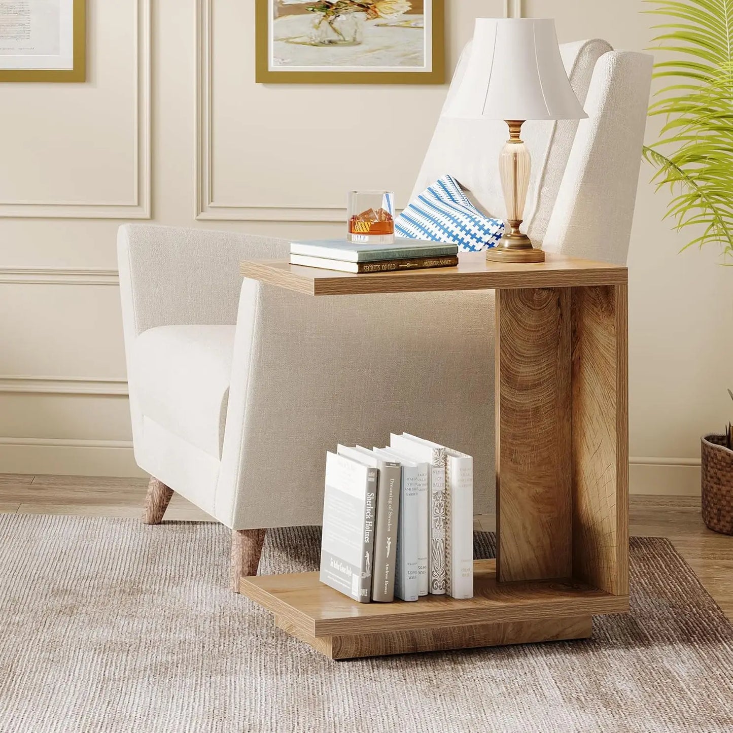 C-Shaped Side Table with 2-Tier Storage and Industrial Design