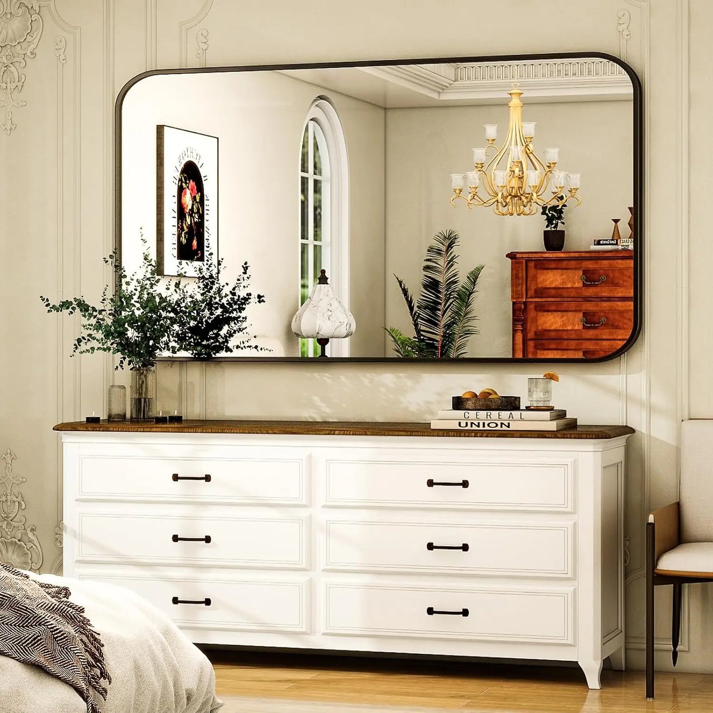 Black Framed Bathroom Mirror with Rounded Rectangle Design