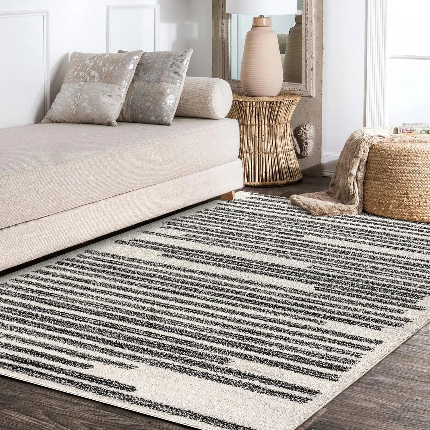 Modern Ivory And Black Area Rug With Durable Design