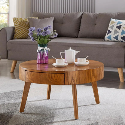 Round Wood Coffee Table with Hidden Drawer