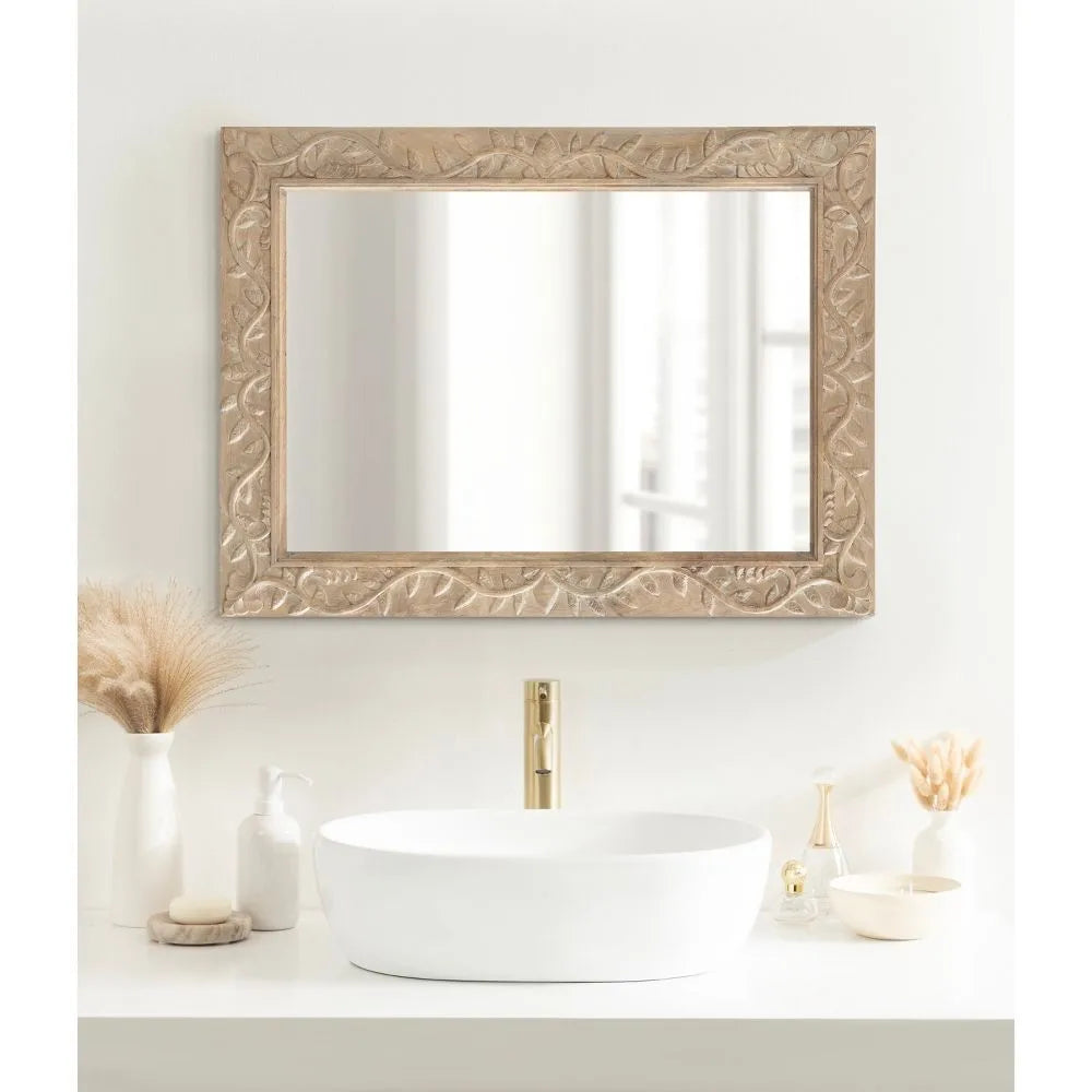 Carved Mango Wood Mirror With Decorative Frame Detail