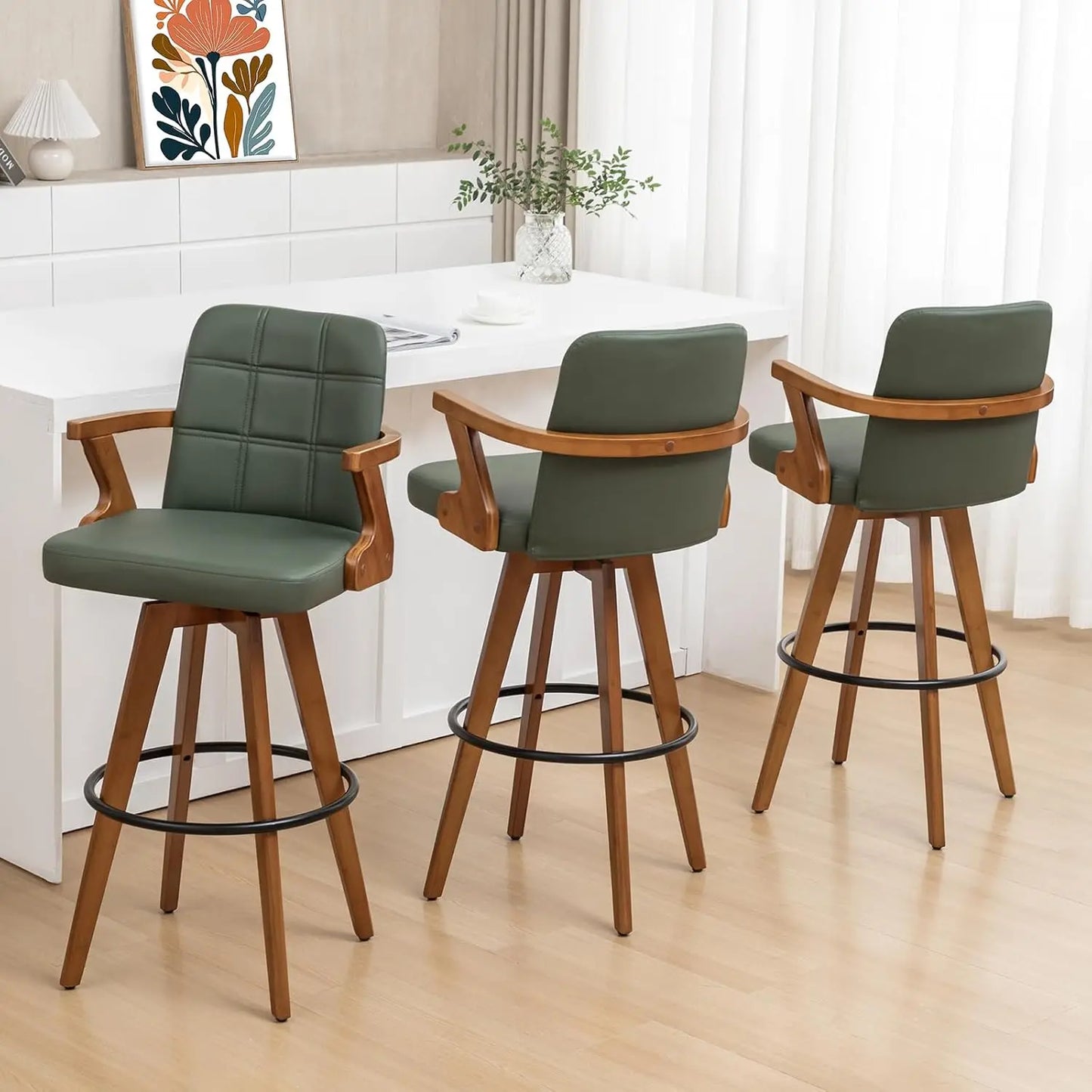 Retro Walnut Swivel Bar Stools With Bentwood Design