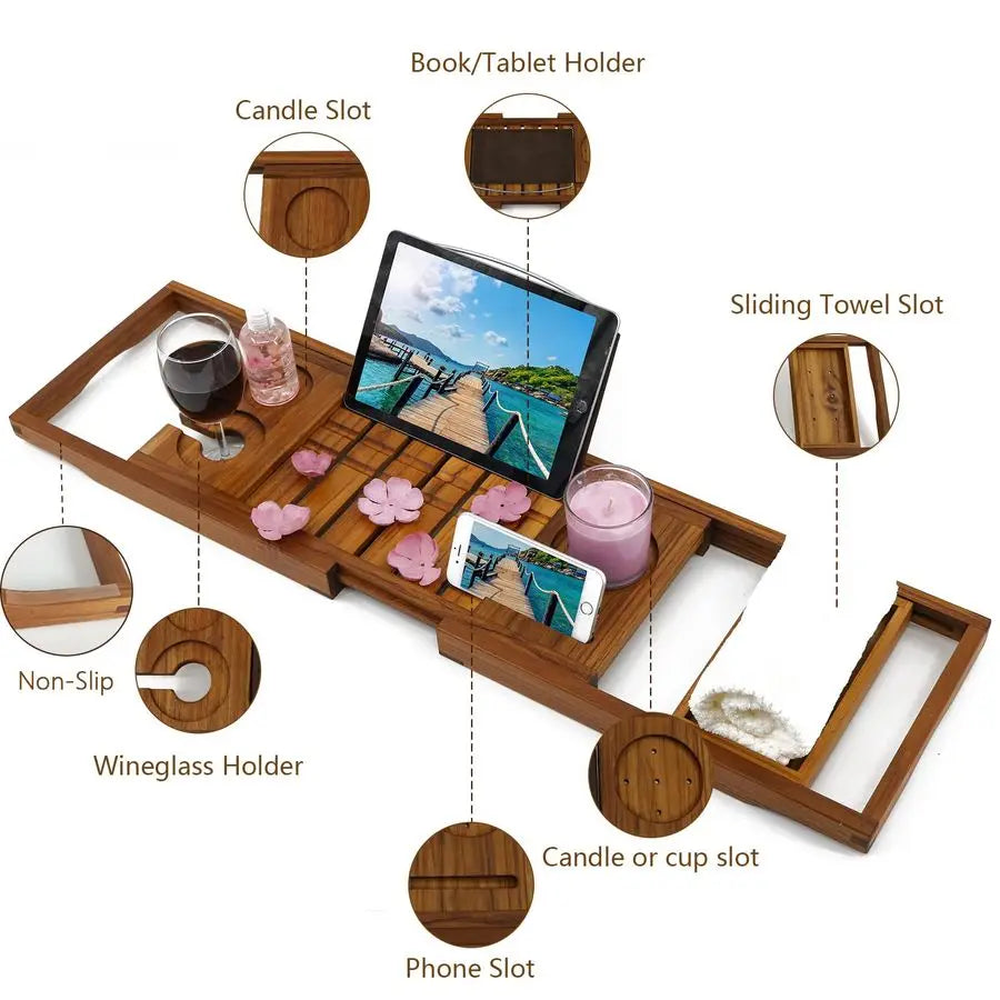 Expandable Teak Wood Bathtub Caddy Tray