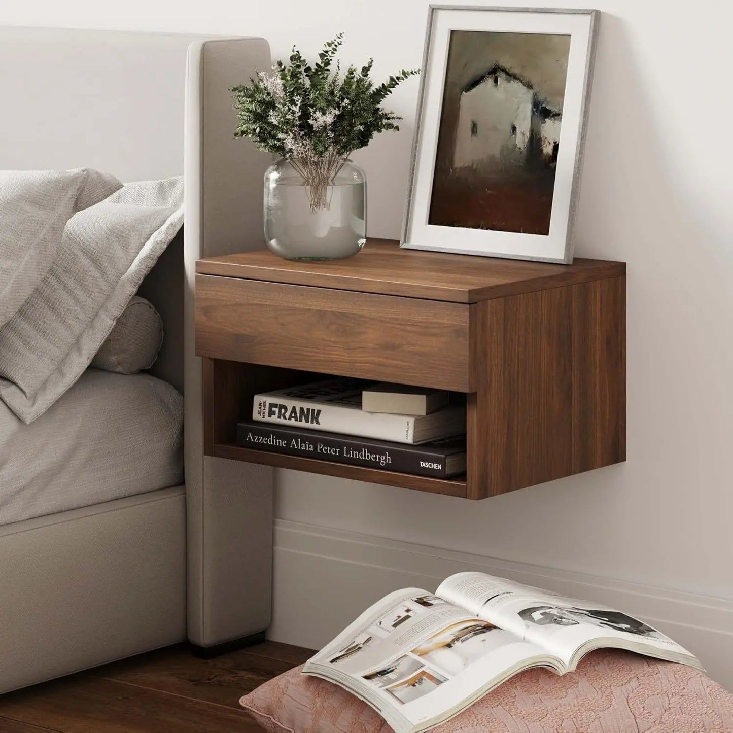Floating Nightstand with Drawer and Open Shelf Design