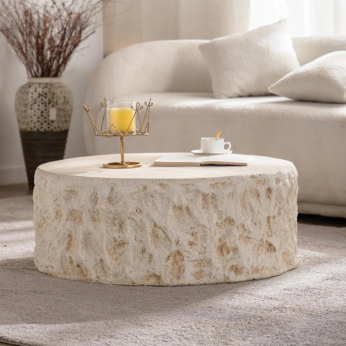 Sculptural Faux Stone Round Coffee Table