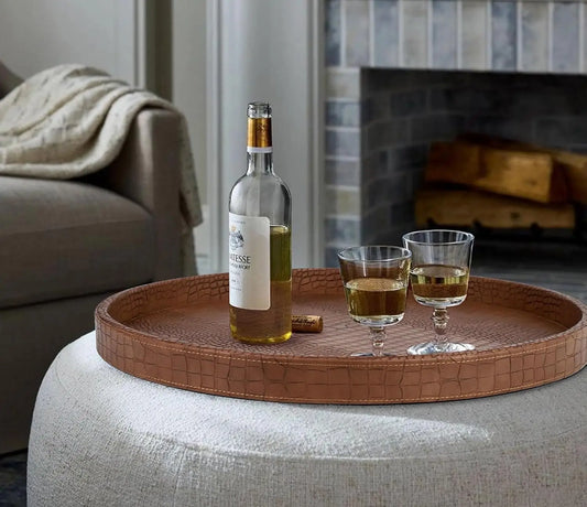 Faux Leather Round Ottoman Serving Tray