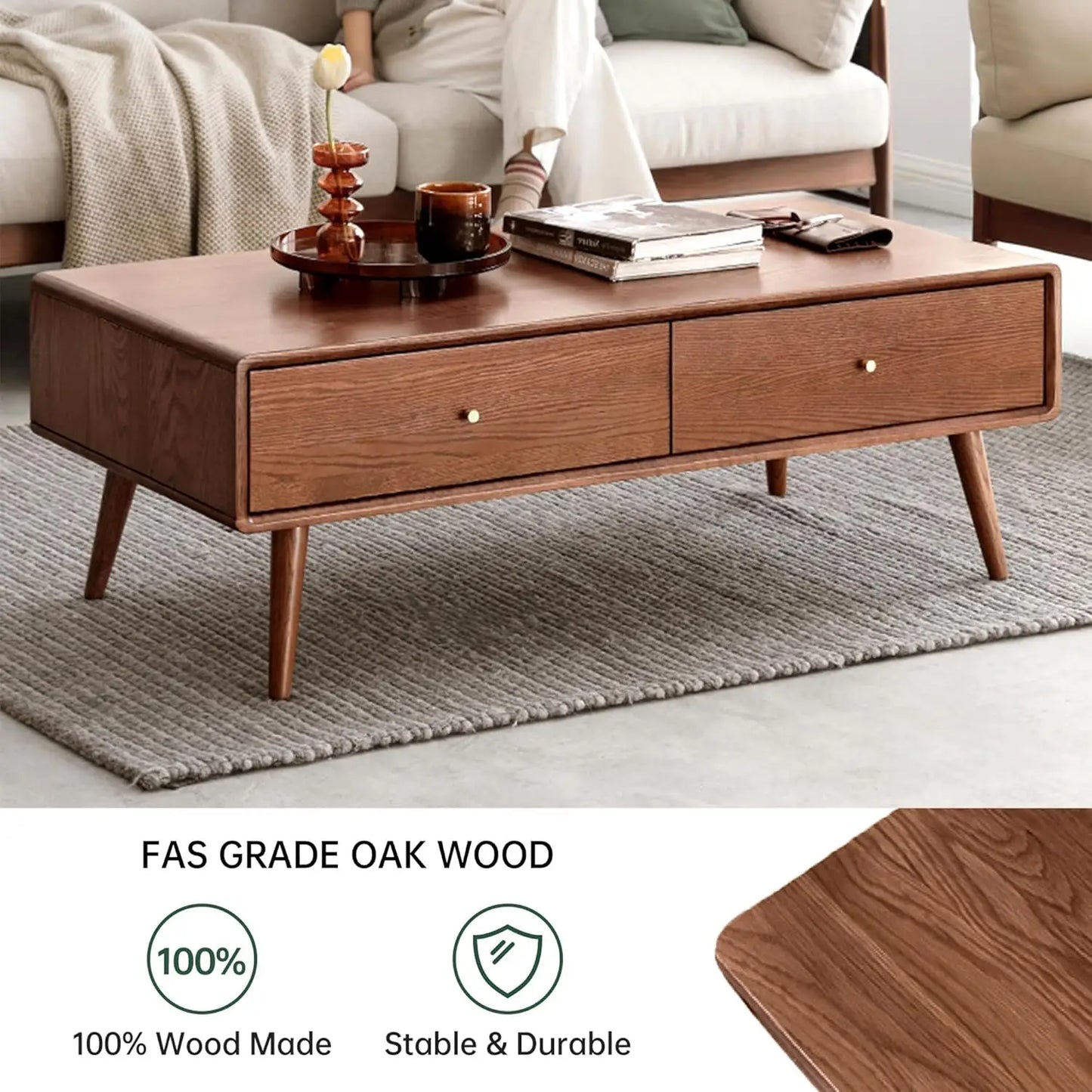 Solid Oak Mid-Century Coffee Table with Storage