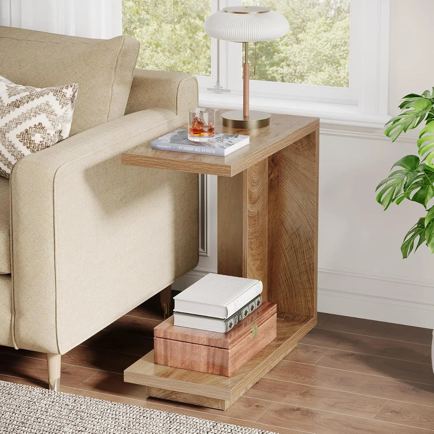 C-Shaped Side Table with 2-Tier Storage and Industrial Design