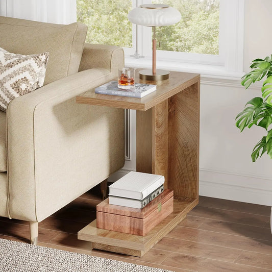 C-Shaped Side Table with 2-Tier Storage and Industrial Design