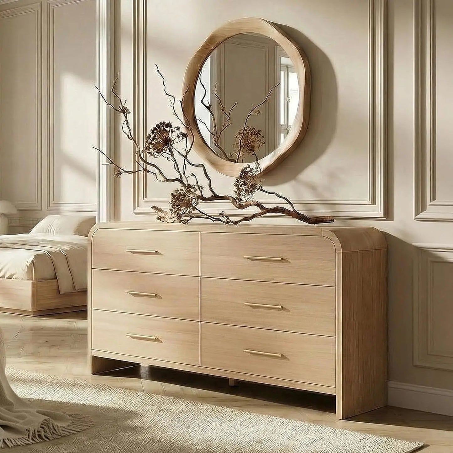 Curved Wood Dresser with Sculptural Form and Six Drawers