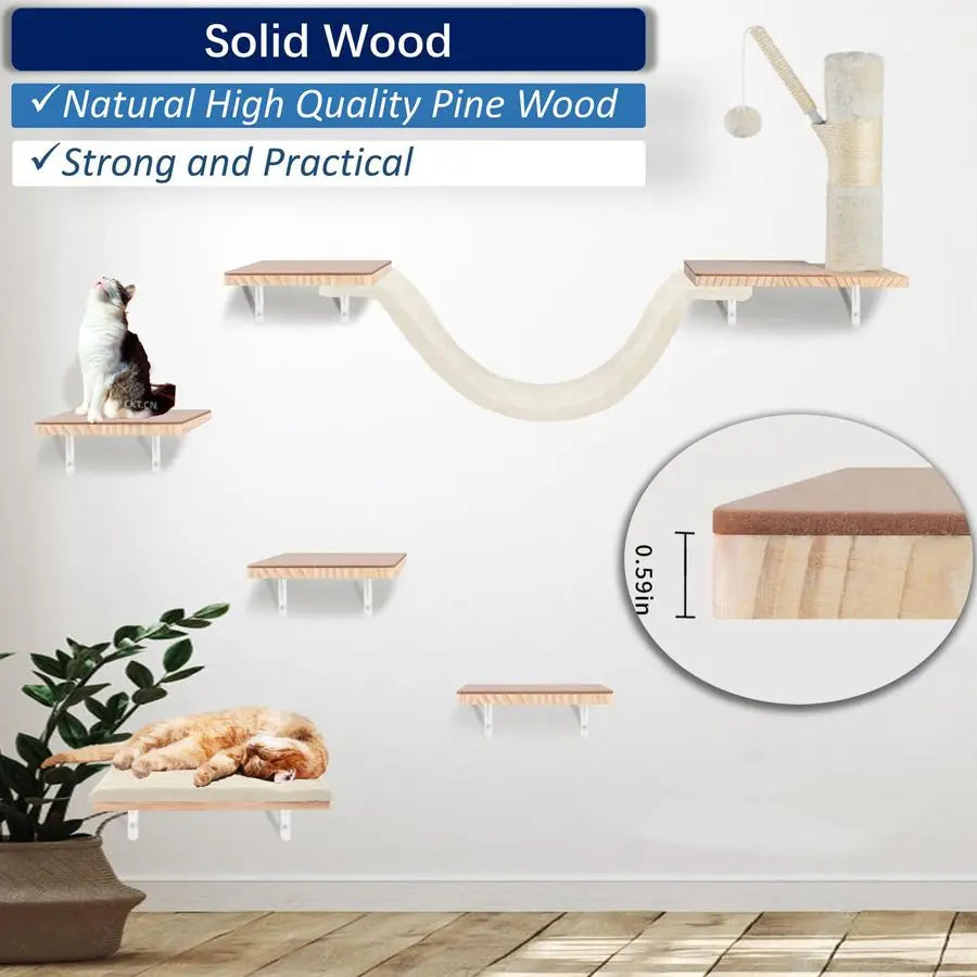 Natural Wood Cat Wall Shelves With Climbing System