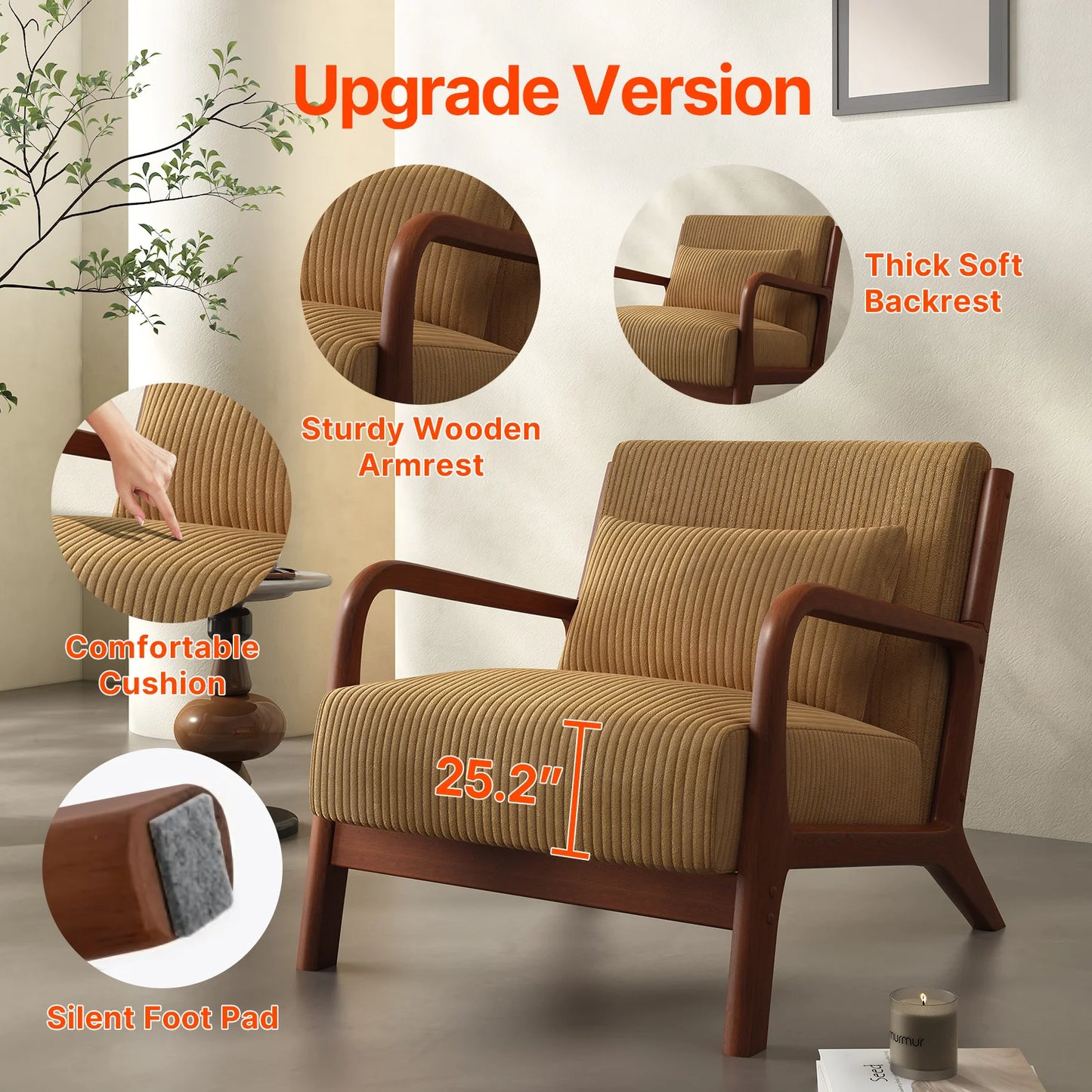 Mid-Century Modern Accent Chair with Solid Wood Frame