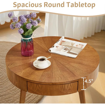 Round Wood Coffee Table with Hidden Drawer