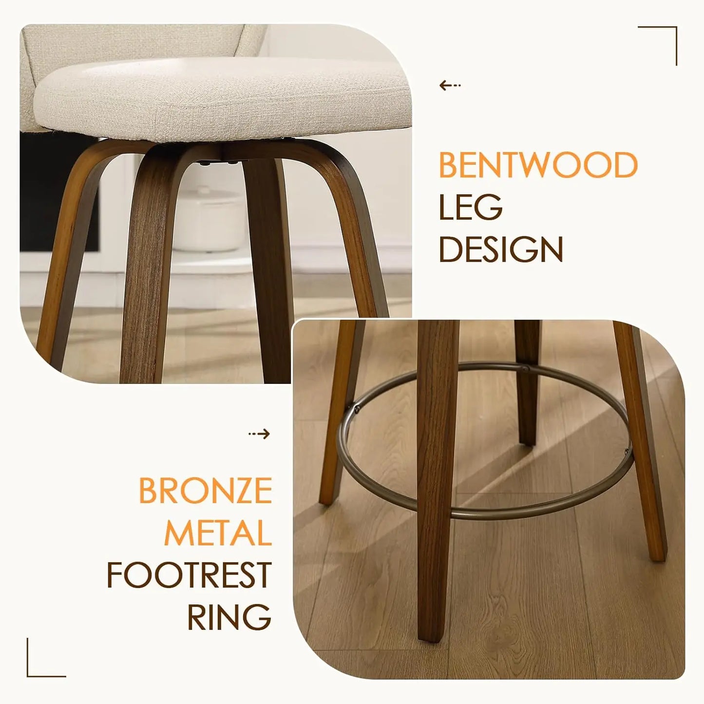 Swivel Counter Height Bar Stools with Wood Legs - Set of 4