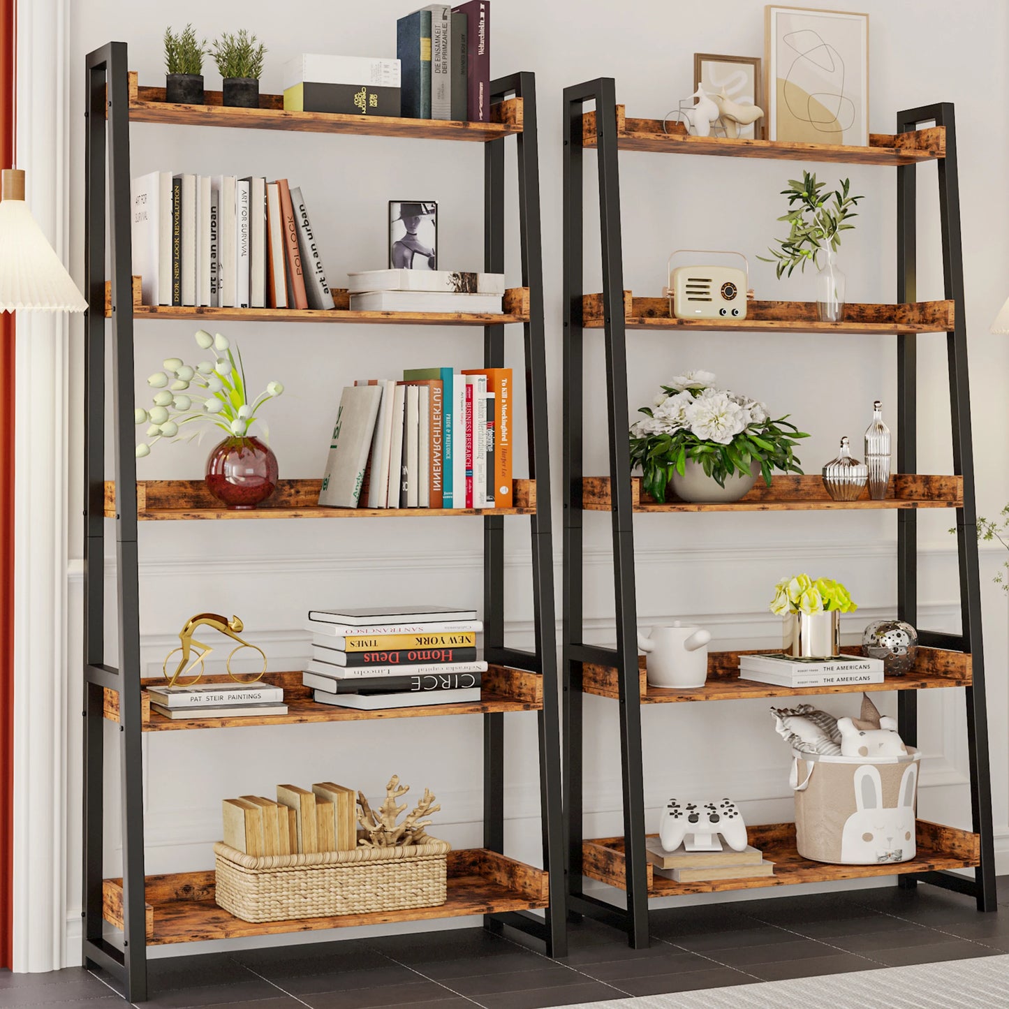 5-Tier Industrial Bookshelf with Safety Rails