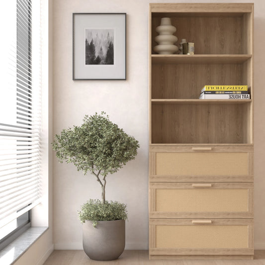 Rattan Detail Bookshelf with Drawers and Open Storage