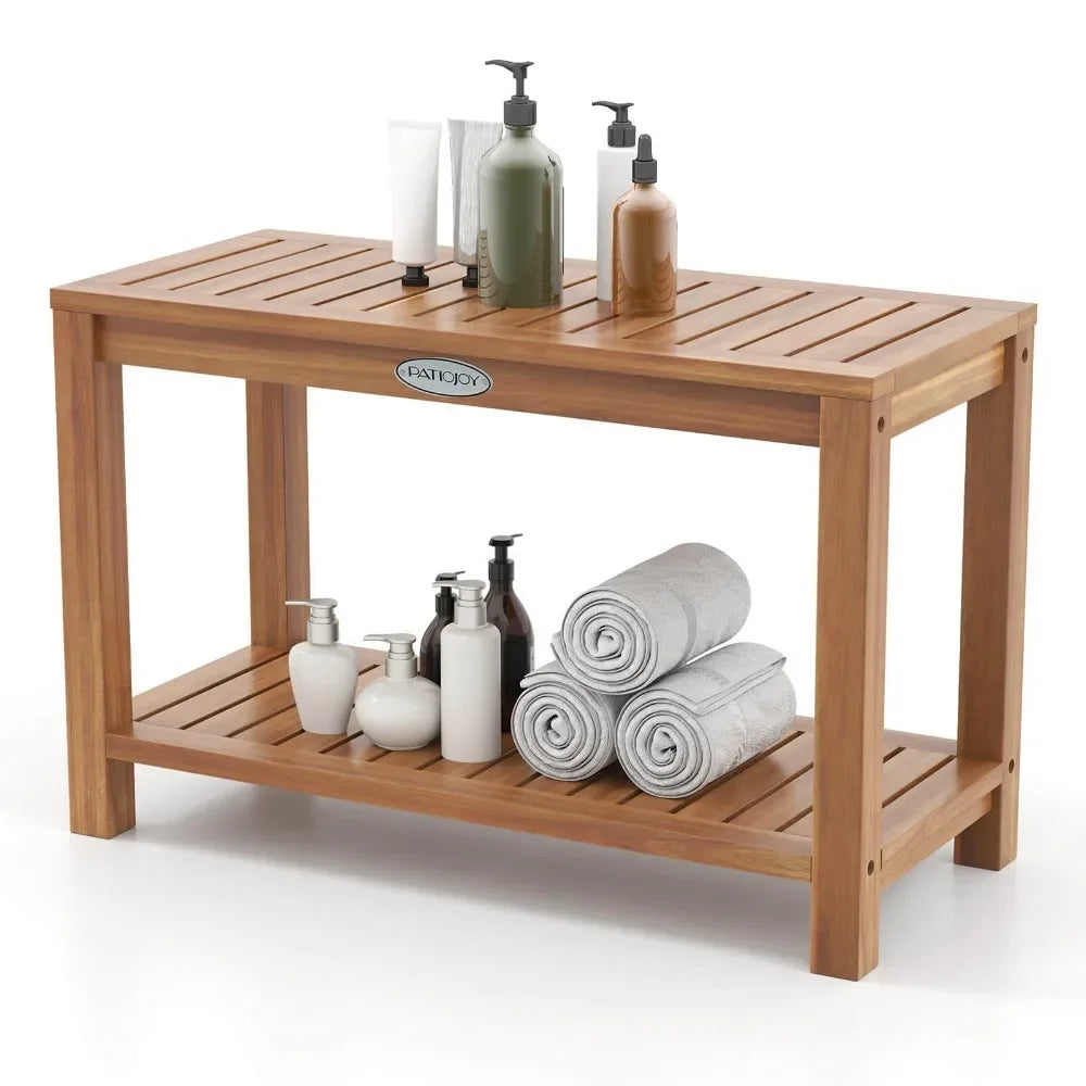 Teak Wood Shower Bench with 2-Tier Storage