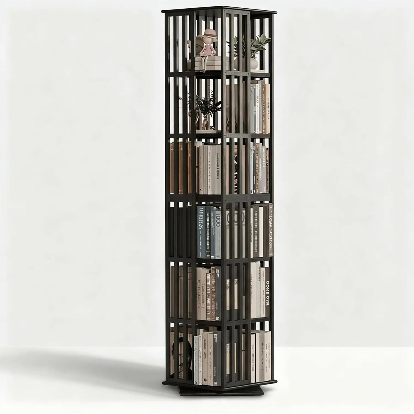 Rotating Bamboo Bookshelf with Space-Saving Tower Design