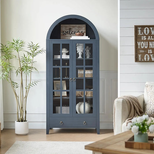Navy Arched Glass Door Display Cabinet