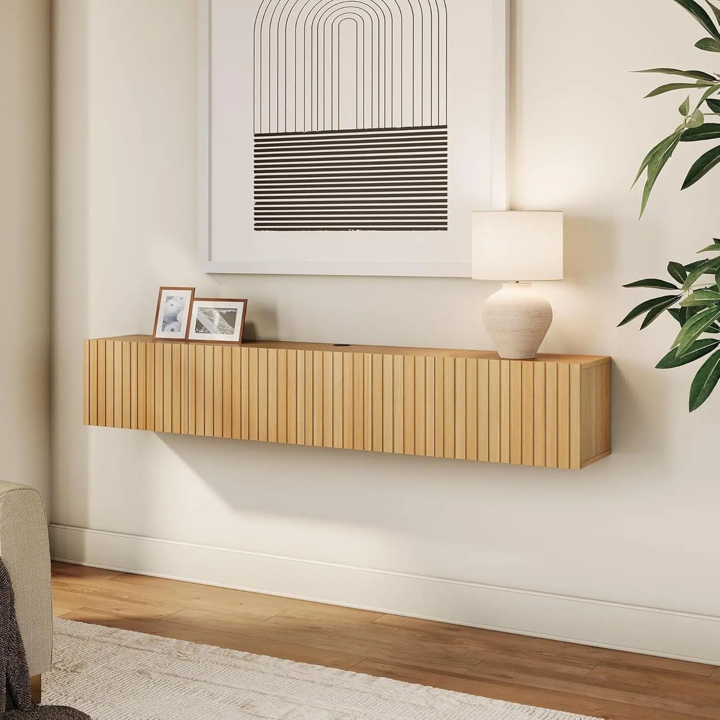 Floating TV Stand with Fluted Design and Hidden Storage