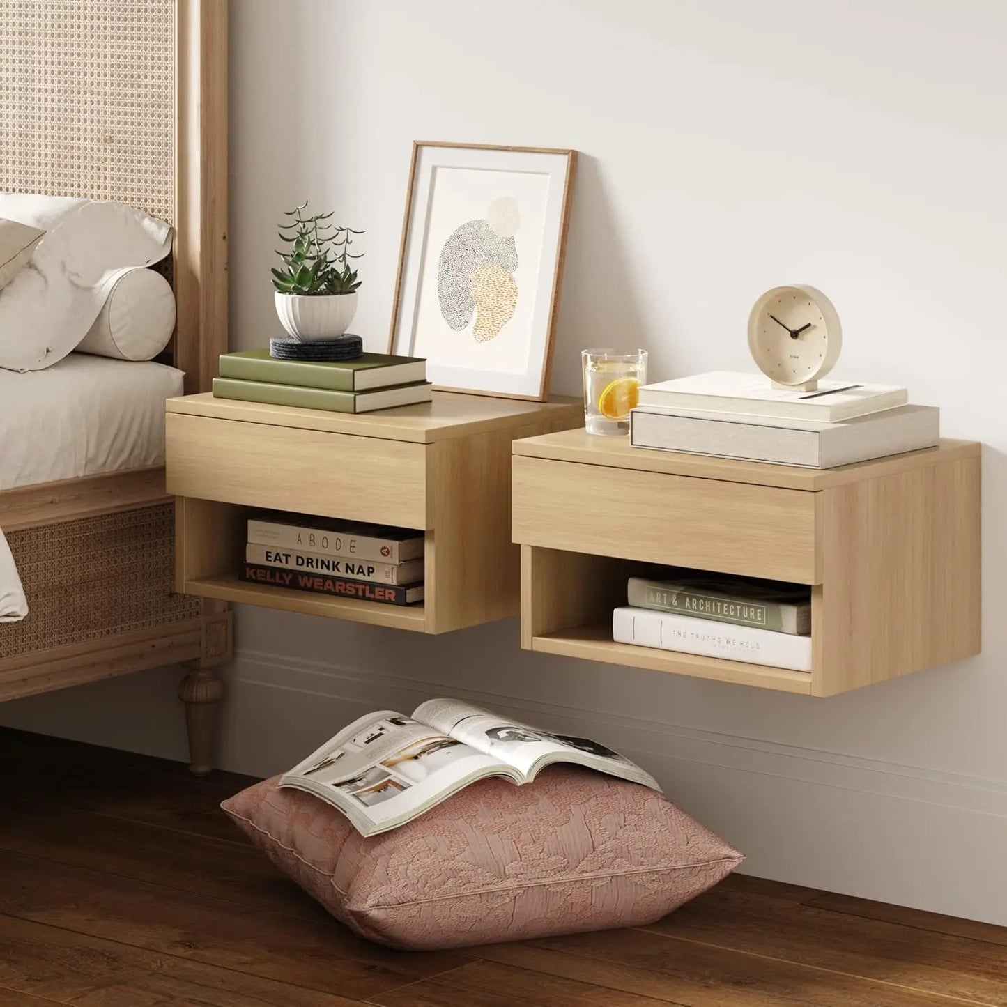 Floating Wood Nightstand with Drawer Storage - Set of 2