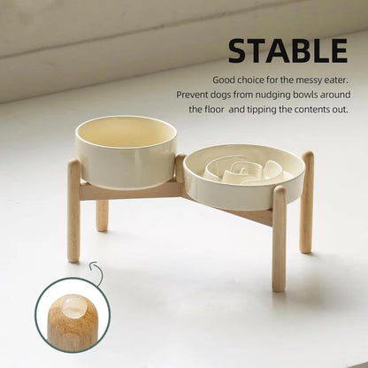 Elevated Slow Feeder Bowl Set with Wooden Stand