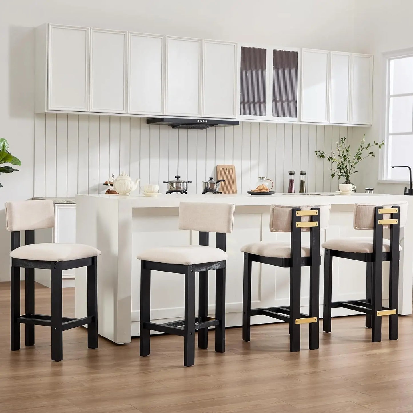 Sherpa Bar Stools Set of 4 with Curved Back and Wood Frame