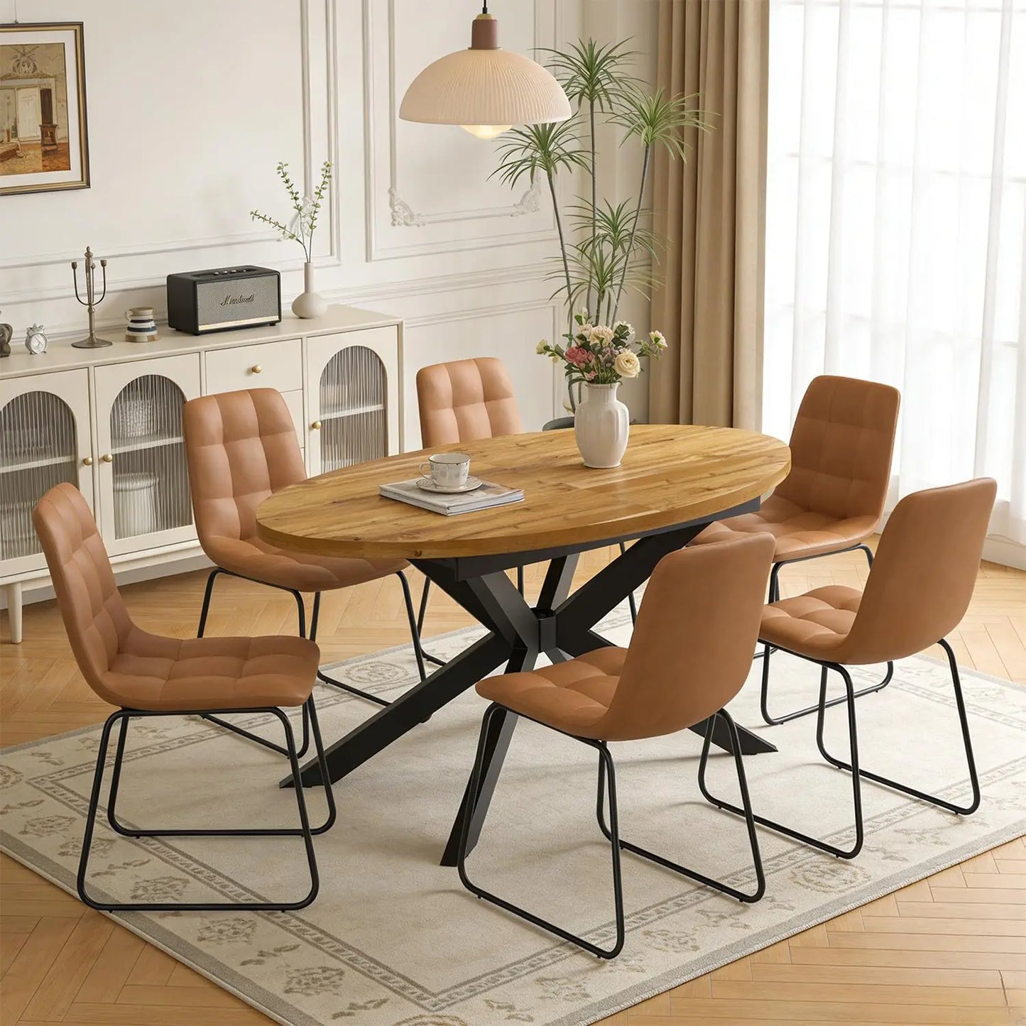 Extendable Round Dining Table with Walnut Finish and Metal Base