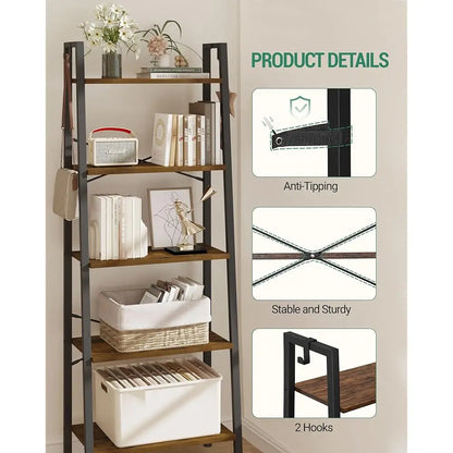 Industrial Ladder Shelf with Hooks and Storage