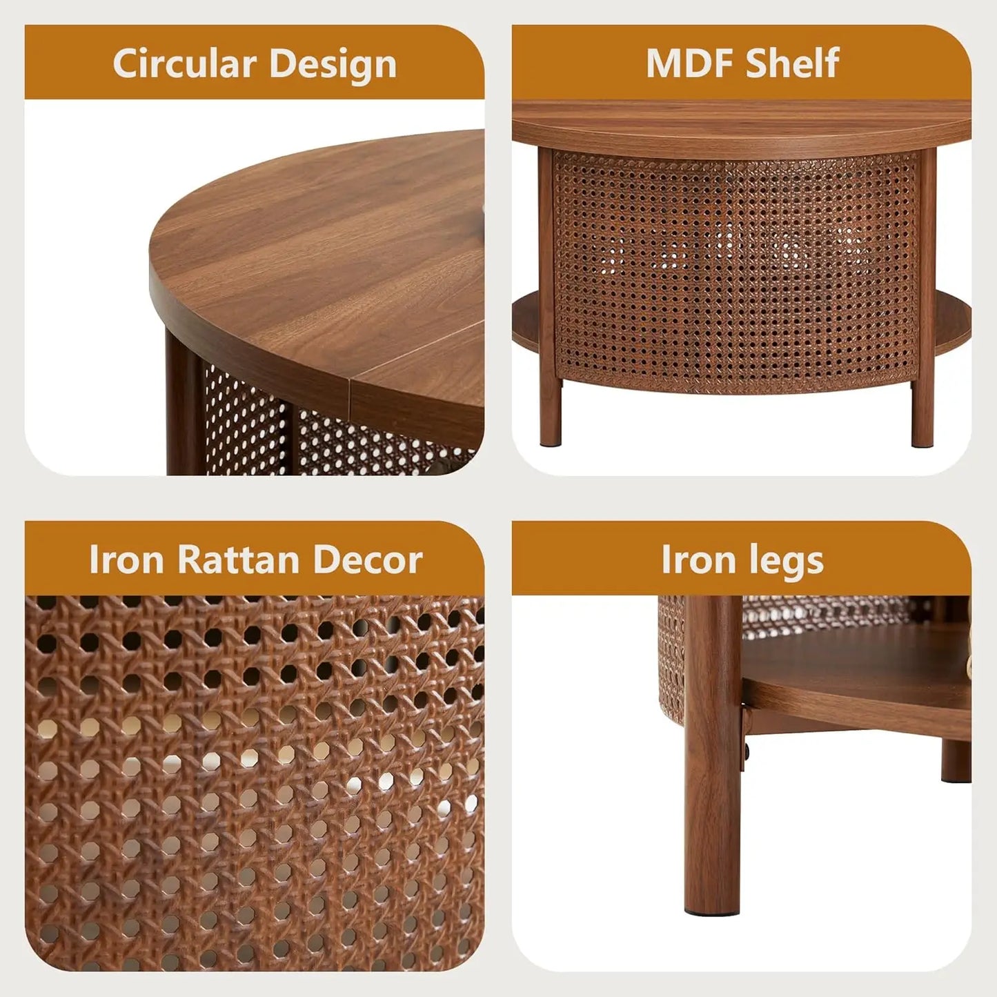 Round Rattan Coffee Table with Two-Tier Storage Design