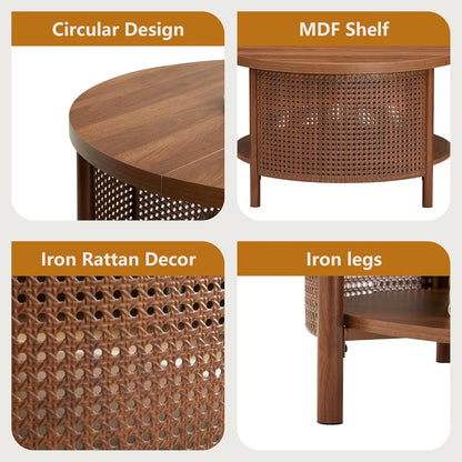 Round Rattan Coffee Table with Two-Tier Storage Design