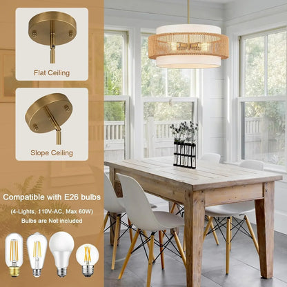 Boho Rattan Chandelier with Adjustable Height and Fabric Shade